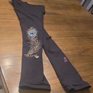 Girl's Ice Skating Black Leggings with Sparkle Peacock Design